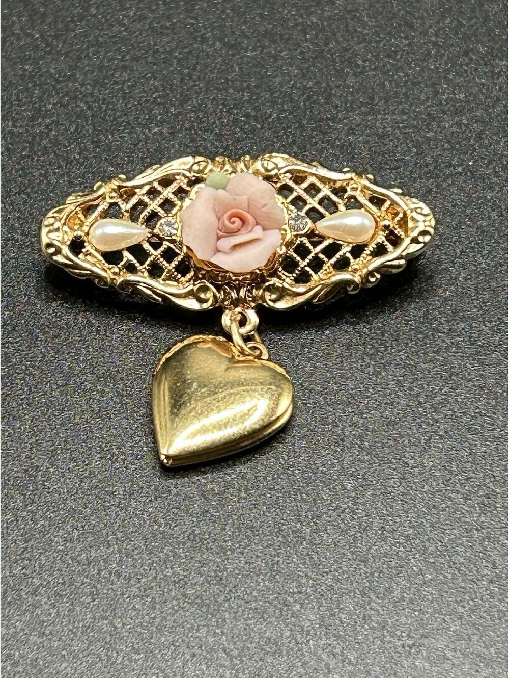 Vintage Jewelery Brand 1928 Porcelain Flower Faux Pearl Pin Brooch w/Locket  70s